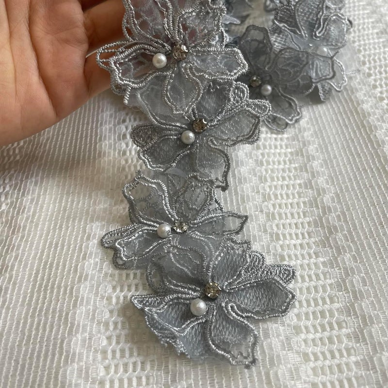 Buysk 2 Yards 3D Pearl Beads Flower Lace Trim Ribbon Floral Applique Embroidered Lace Fabric for Sewing DIY Crafts (Grey) - Image 2